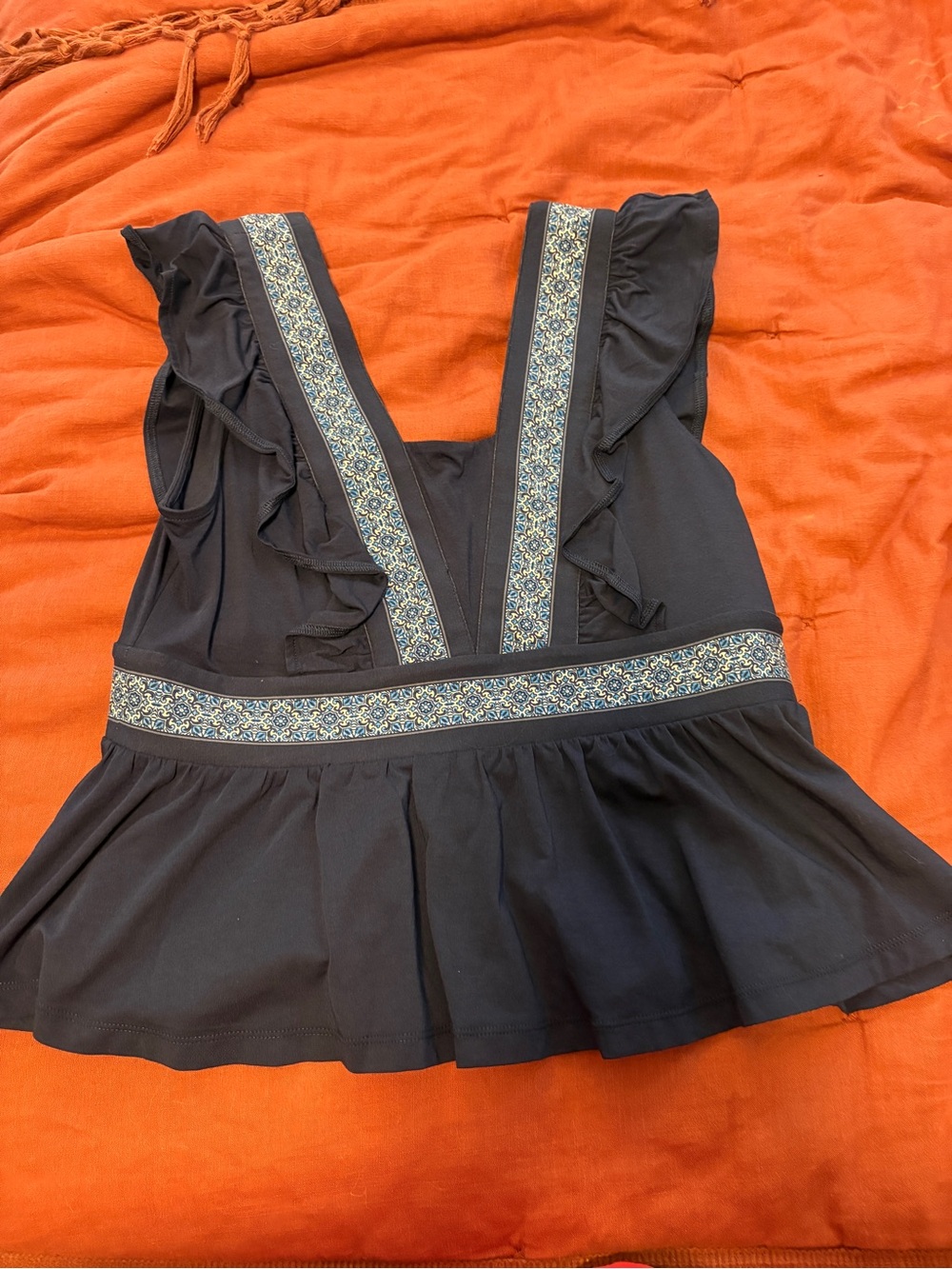 Lands' End Black Ruffled V-Neck Peplum Tank with Blue Embroidered Trim